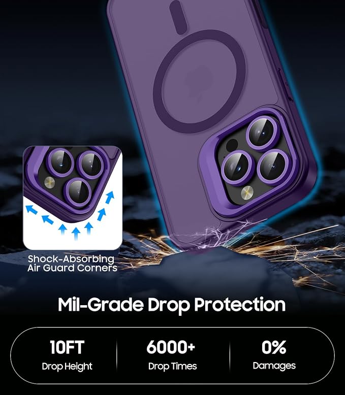 for iPhone 16 Pro Max Case, Compatible with MagSafe, Built-in Camera Ring Stand, with Individual Camera Cover, Translucent Matte Military-Grade Drop Protection Magnetic Case, Purple