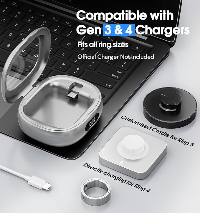 Charging Case for Oura Ring Gen 4 & 3 Charger, 2000mAh Portable Travel Power Station Fits All-Sized Oura Ring 4 & 3, 45-Day Runtime (Official Charger NOT Included)(Silver)
