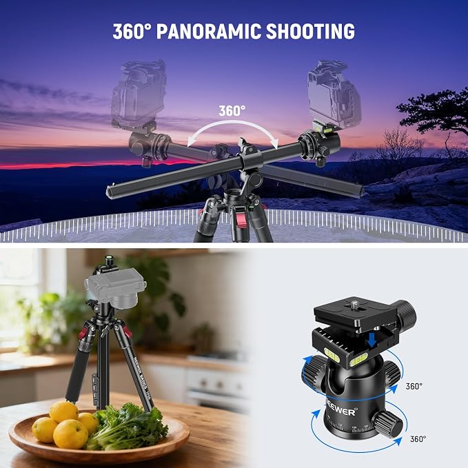 NEEWER Basics 64.5" Horizontal Overhead Tripod with Ball Head/Cell Phone Holder Compatible with iPhone Video Recording, Aluminum Travel Stand Camera Monopod, 360° Pan 180° Tilt 22lb/10kg Load, TP66