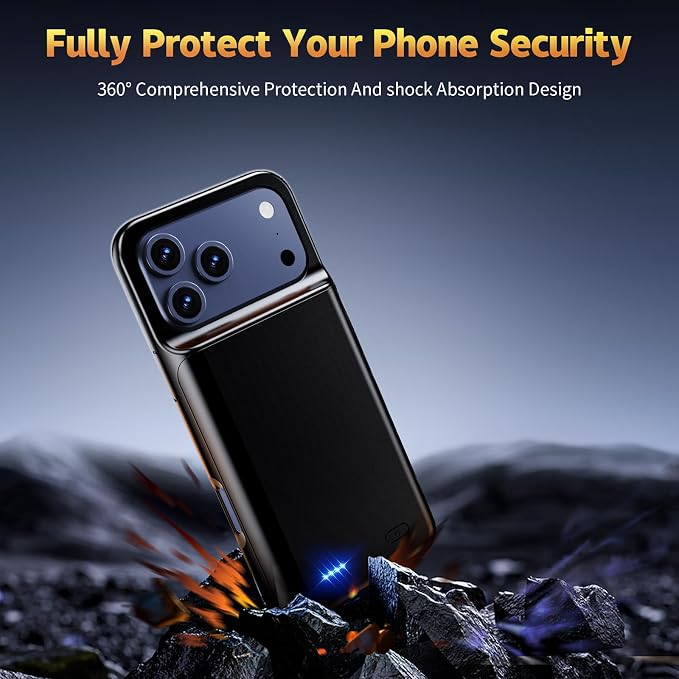 2026 Ultra-Slim Battery Case for iPhone 17 Pro (6.3 inch), Charging Case 7000mAh Rechargeable Portable Extended Charger Case Cover w/Tempered-Glass Protector - Black