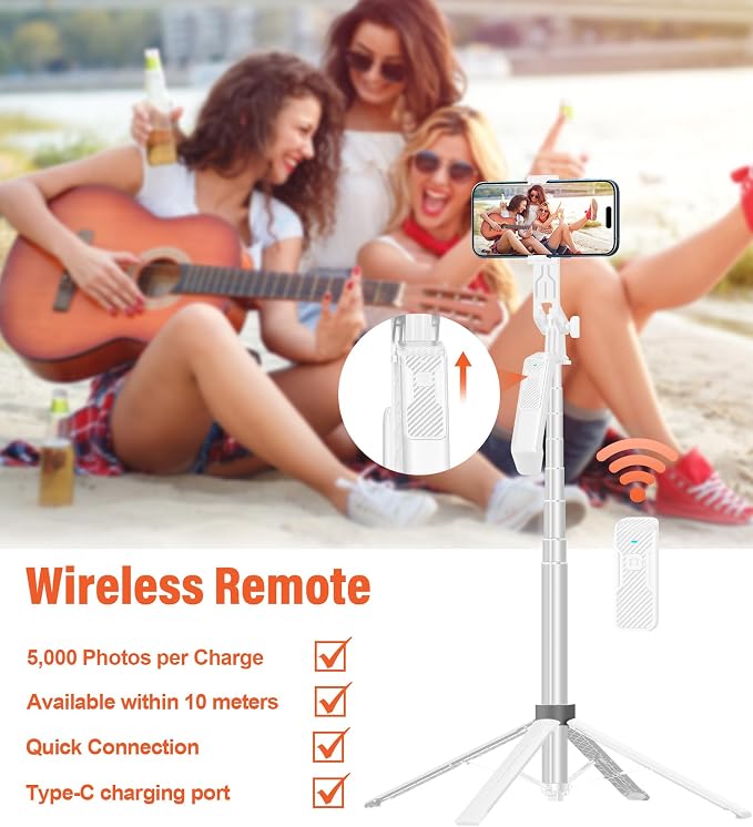 Selfie Stick Phone Tripod - 71 inch Tall Cell Phone Holder with Detachable Wireless Remote and 2 LED Lights for Recording, Video and Picture, Phone Stand for iPhone, Android, Camera & Gopro