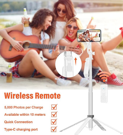 Selfie Stick Phone Tripod - 71 inch Tall Cell Phone Holder with Detachable Wireless Remote and 2 LED Lights for Recording, Video and Picture, Phone Stand for iPhone, Android, Camera & Gopro