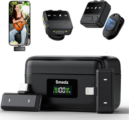 Smedz Wireless Microphone for iPhone Android,Mini Lavalier Microphone with AI Noise Reduction, 164FT Range&80H Charging Case Magnetic Mini Mic for for YouTube TikTok Vlog Podcast Live Streaming