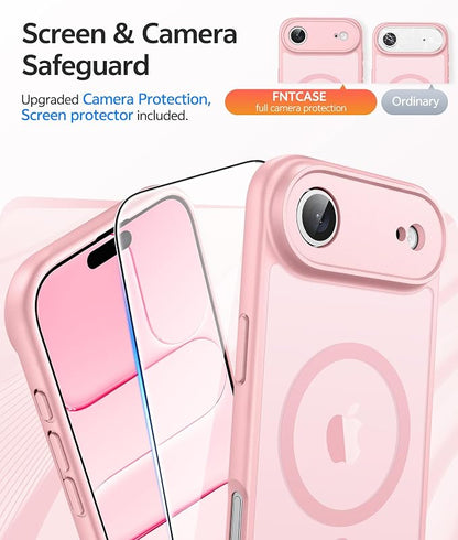 FNTCASE for iPhone Air Case: [Compatible with Magsafe] Translucent Matte Cases with [Full Camera Protection] [Screen Protector] Military Grade Shockproof Protective Phone Cover - Light Pink