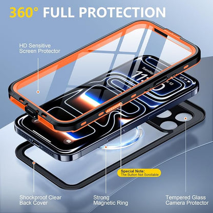 Red2Fire for iPhone 17 Pro Case Waterproof, [Built-in Screen Protector & Camera Protector][Compatible with MagSafe][Full Body Shockproof][IP68 Waterproof][Dustproof] Phone Case 6.3" Orange/Clear