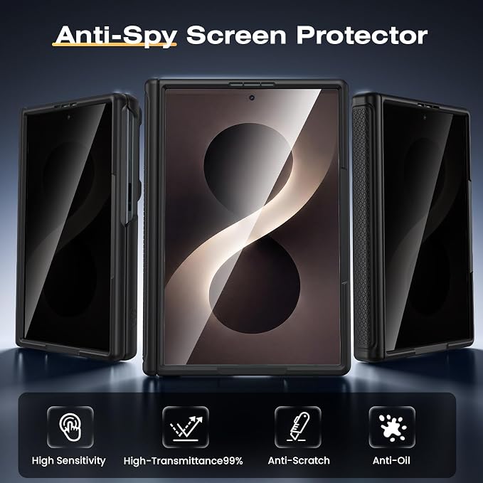VEGO for Samsung Fold 8 Case with Privacy Screen Protector Anti-Peeping | Hinge Protection[Slide Camera Cover]Military-Grade Shockproof Protective Rugged Stand Case for Galaxy Z Fold 8 -Black