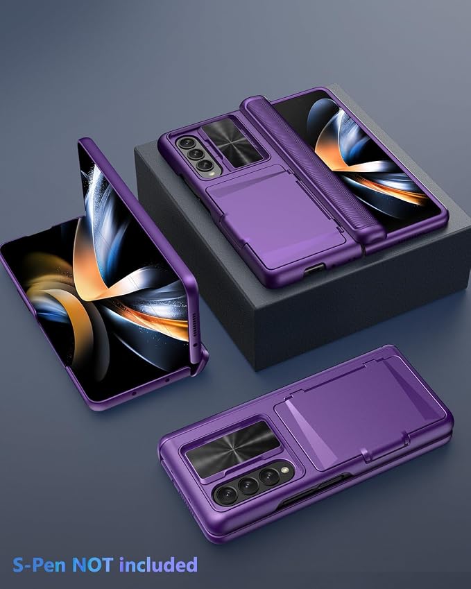 Viaotaily for Galaxy Z Fold 4 Case with Card Holder & Slide Camera Cover, Built-in Screen Protector & Hinge Protection, Shockproof Durable Wallet Phone Case for Galaxy Z Fold 4, Dark Purple