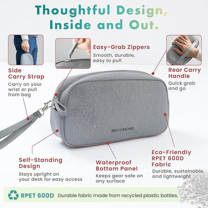 BELLEMOND Tech Organizer Pouch for Travel | Electronics Organizer Case for Cables, Chargers & Accessories | Hidden AirTag Pocket, Cable Pass-Through & Waterproof Base | Bamboo Green