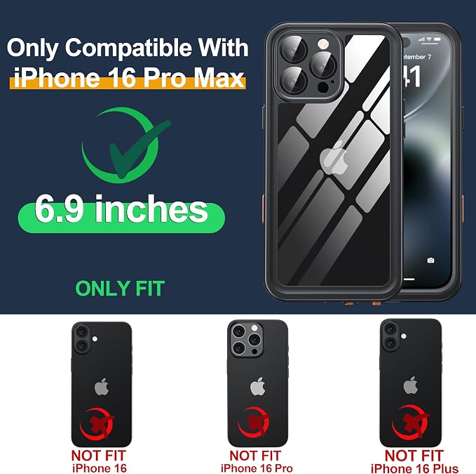 for iPhone 16 Pro Max Case Waterproof, Built-in Privacy Screen & HD Screen Double Front Frame [IP68 Underwater] Shockproof Dustproof Full Body Protection iPhone 16 Pro Max Phone Case