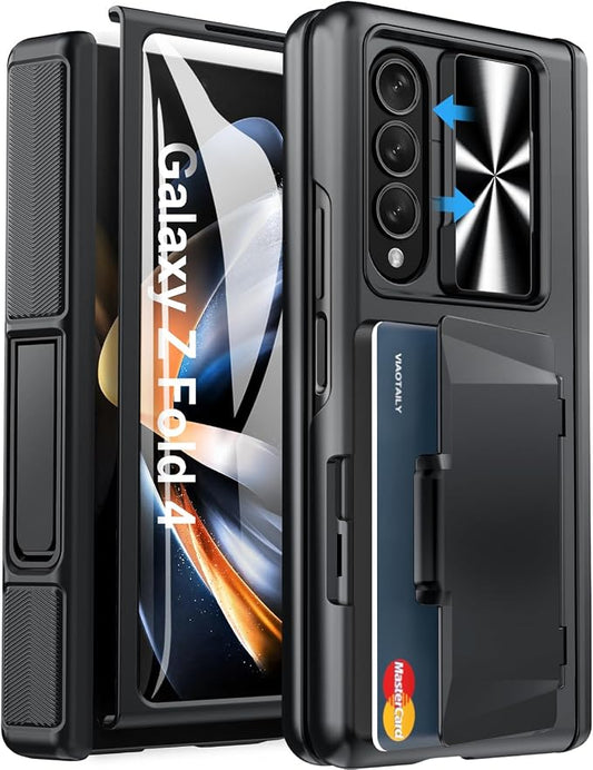 Viaotaily for Galaxy Z Fold 4 Case with Card Holder & Kickstand & Screen Protector, [2023 Upgrade] Slide Camera Lens Cover & Hinge Protection Wallet Phone Case for Galaxy Z Fold 4 2022, Black