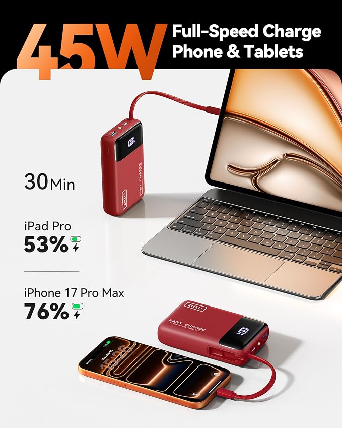 INIU Portable Charger, Compact 20000mAh Power Bank with Build in USB-C Cable, 45W Fast Charging Mini Powerbank, Flight Cruise Ship Travel Essentials Phone Charger for College Student Boys Girls, Red
