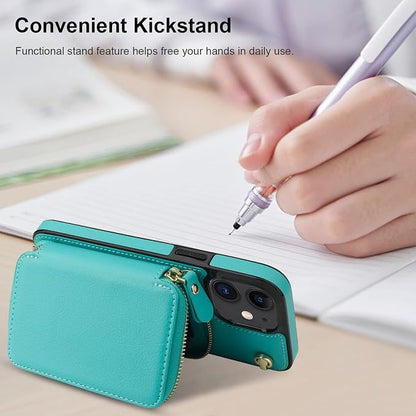 Bocasal Crossbody Wallet Case for iPhone 12/12 Pro, RFID Blocking Leather Purse Case with Card Holder, Protective Handbag Flip Cover with Zipper Wrist Strap Lanyard for Women 5G 6.1 Inch (Mint Green)