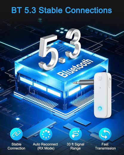 Aux Bluetooth Adapter for Car, 2 in 1 Wireless Bluetooth 5.3 Transmitter Receiver, Built-in Mic Hands-Free Calls Crystal Clear Sound, for Cars Headphones Home Stereo, White