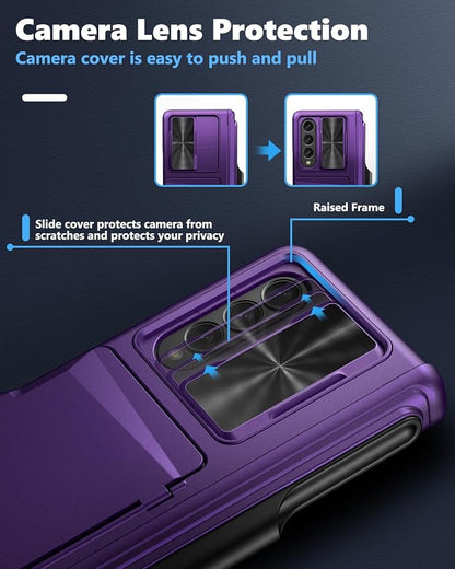 Viaotaily for Galaxy Z Fold 4 Case with Card Holder & S Pen Holder & Slide Lens Cover, Built-in Hinge Protection & Screen Protector, Durable Sturdy Phone Cover for Galaxy Z Fold 4, Dark Purple