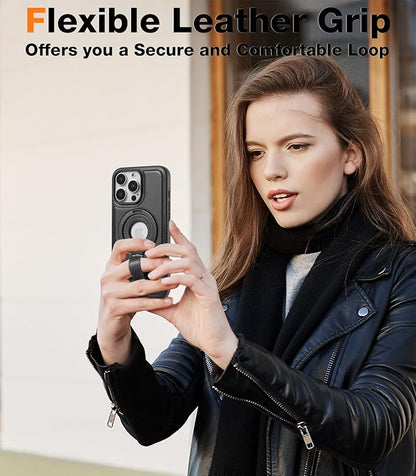 for iPhone 15 Plus/iPhone 14 Plus Leather Case with Stand, Anti-Slip Grip Ring, Fits for MagSafe (Black, iPhone 15/14 Plus)