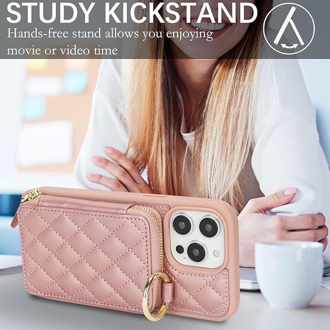 Crossbody Wallet Case for iPhone 14 Pro Max, PU Leather Zipper Handbag Purse Flip Cover, Kickstand Folio Case with Card Slots Holder Wrist Strap Lanyard 5G 6.7 Inch-Rose Gold