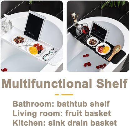 Expandable Drain Bath Shelf Caddy Tray, Multifunctional Plastic Bathtub Tray Bathroom Organizer Simple Stylish Bathtub Storage Rack for Candle Towel, Book, Wine, Phone, Shower