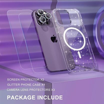 Choiche Magnetic Case for iPhone 14 Pro Case, Women Clear Glitter Bling Sparkly Case, [3xDiamond Camera Lens Protectors] [2xTempered Glass Screen Protectors] [Compatible MagSafe] (Glitter Clear)