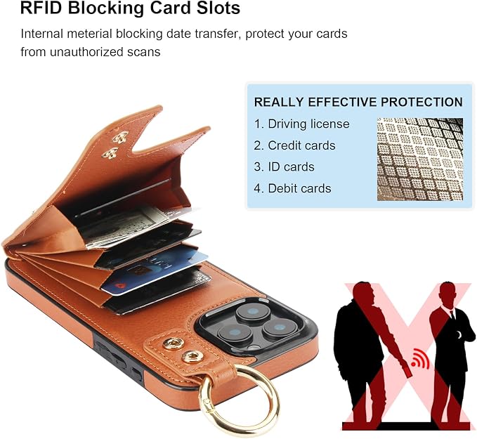 Folosu for iPhone 16 Pro Max Wallet Case with Card Holder, Hand Wrist Strap Loop Holder Kickstand, RFID Blocking Finger Grip Ring PU Leather Double Buttons Shockproof Cover 6.9" Brown