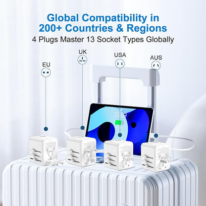 Universal Travel Adapter 25W, International Power Plug Converter with 2500W High Power Support, All-in-One AC Adapter for Europe UK US AUS, 2 USB-C + 2 USB-A Ports, Compact Travel Charger