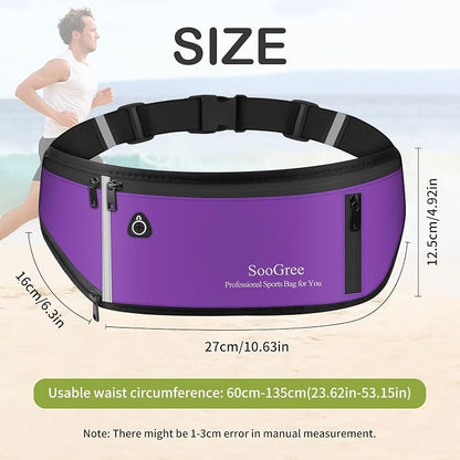 SooGree Slim Running Belt Fanny Pack, Resistant Waist Pack Money Belt Bag for Hiking Cycling Workout, Gym Phone Holder with Adjustable Strap (Purple)