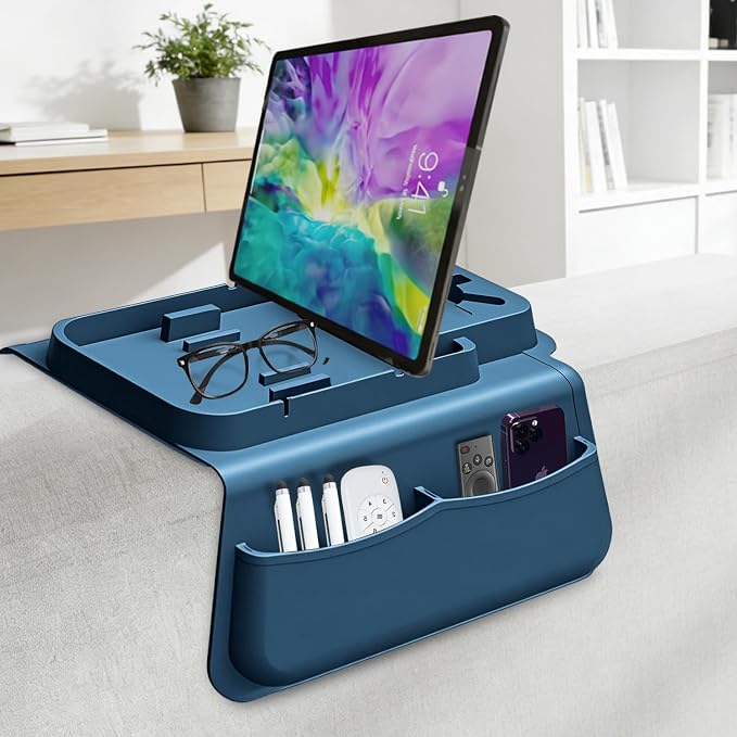 Silicone Couch Cup Holder for Tablet & Phone Stand, Sofa Arm Tray Organizer with Dual Side Pockets for Remotes Snacks Headphones & Glasses Drinks Anti-Slip & Heat Resistant Sofa Caddy (Blue)
