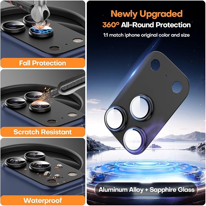 Jeluse Compatible with iPhone 17 Pro Max Camera Lens Protector, Strong Adhesion Full Coverage Metal Aluminum Alloy Ultra Clarity Tempered Glass Camera Screen Protector