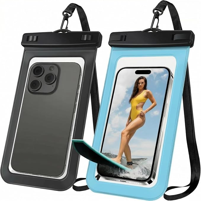 [2 Pack Waterproof Phone Case, Universal Dry Bag for iPhone 15/14/13/12 Pro Max, IPX8 Waterproof Pouch, Cruise Ship & Beach Essentials, Black & Blue - 6.8"