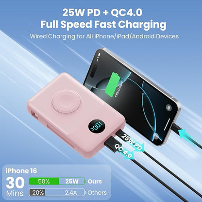 6 in 1 Magnetic Portable Charger for iPhone with Built-in Cables, 10800mAh 25W PD Fast Charging Power Bank, 6 Outputs Travel Essential Battery Pack for iPhone 17/16/15/14/13/12,Apple Watch (Peach)