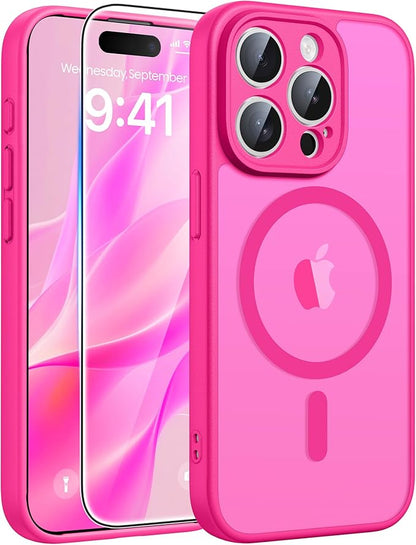 FNTCASE for iPhone 15 Pro Case: [Compatible with Magsafe] Translucent Matte Cases with [Full Camera Protection] [Screen Protector] Military Grade Shockproof Protective Phone Cover - Hot Pink
