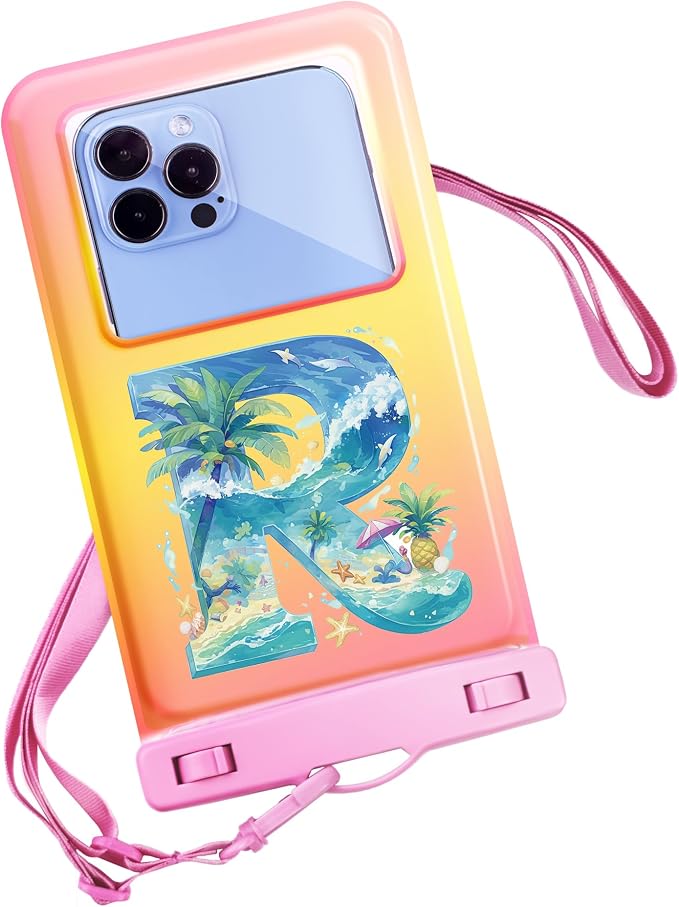 Personalized Initial Waterproof Phone Pouch Case - IPX8 Cellphone Dry Bag with Lanyard for iPhone 16/15/14/13/12 Pro Max (6.1–6.9"), Beach & Cruise Ship Essentials with Monogrammed Design (Pink, R)