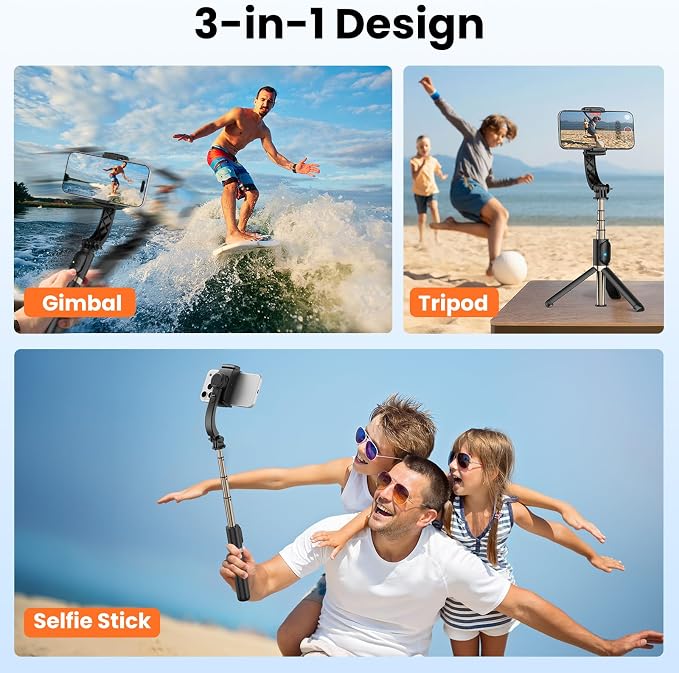 Smartphone Gimbal Stabilizer, 1-Axis Auto Balance & 360° Rotation, Extendable Aluminum Selfie Stick Tripod with Remote Control for iPhone & Android,Travel, Vlogging, TikTok, YouTube