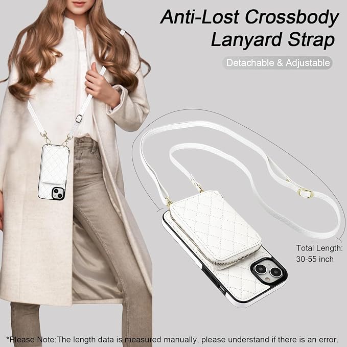 Bocasal Crossbody Wallet Case for iPhone 15 Plus, RFID Blocking PU Leather Zipper Handbag Purse Flip Cover, Kickstand Folio Case with Card Slots Holder Wrist Strap Lanyard 5G 6.7 Inch (White)