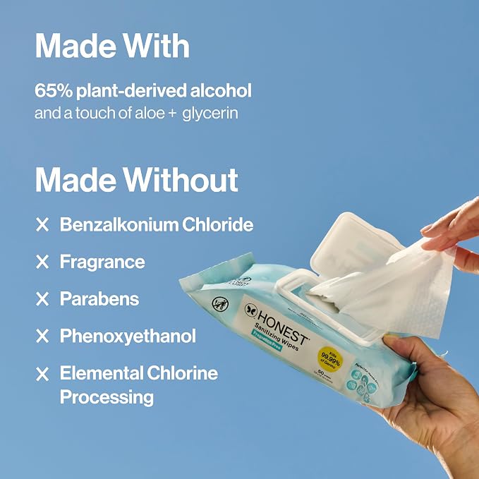 The Honest Company Fragrance-Free Sanitizing Alcohol Wipes, Antibacterial, Safe for Hands Kills 99% of Germs, Made With Aloe, 100 Count, (2 Packs 50)