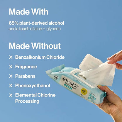 The Honest Company Fragrance-Free Sanitizing Alcohol Wipes, Antibacterial, Safe for Hands Kills 99% of Germs, Made With Aloe, 100 Count, (2 Packs 50)