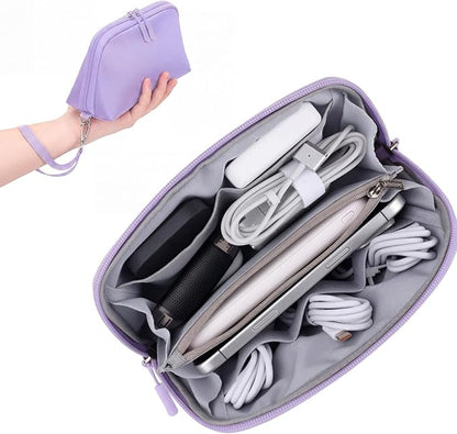 FYY Travel Cable Organizer - 8 Compartments, Lightweight, Water Repellent | With Wrist Strap, Portable Tech Pouch for Cord Charger, Travel and Business Trips Use, Soft Shell Nylon, Purple (Small)