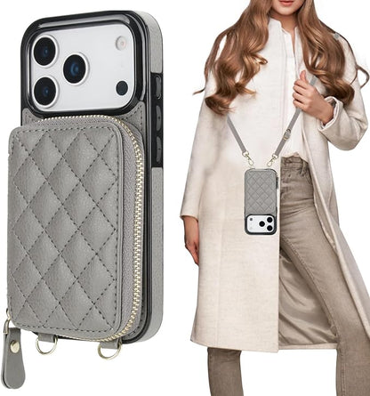 Bocasal Crossbody Wallet Case for iPhone 17 Pro, RFID Blocking PU Leather Zipper Handbag Purse Flip Cover, Kickstand Folio Case with Card Slots Holder Wrist Strap Lanyard 5G 6.3 Inch (Grey)