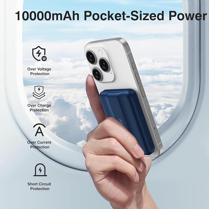AOGUERBE for MagSafe Portable Charger, 10000mAh Magnetic Power Bank 22.5W Fast Charging, Mini Battery Pack Wireless with LED Display&Foldable Stand for iPhone 17/16/15/14/13/12 Series (Royal Blue)