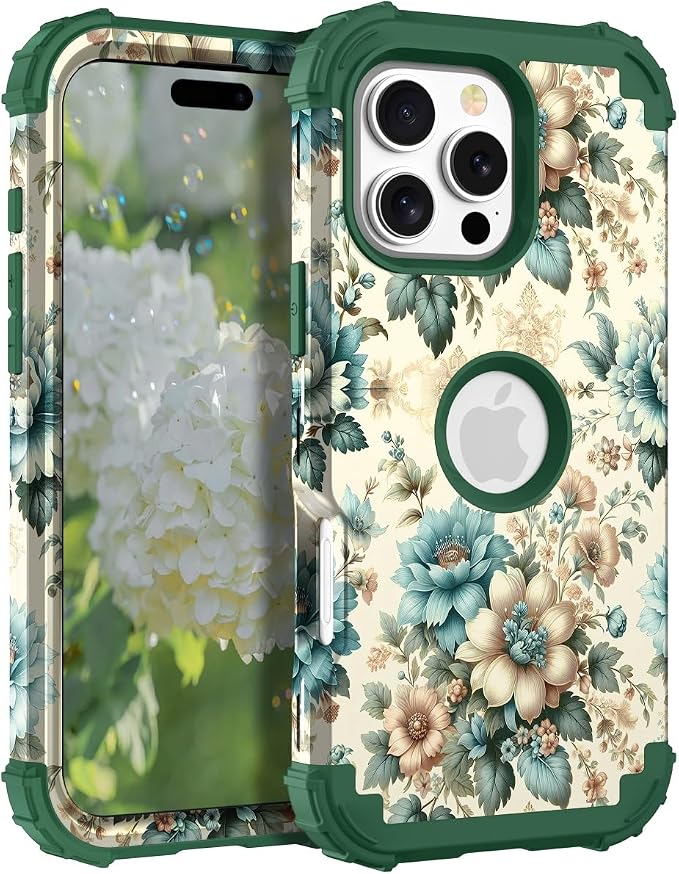 Hocase for iPhone 16 Pro Max Case, Heavy Duty Shockproof Protection Soft Silicone Rubber+Hard Plastic Bumpers Hybrid Protective Case for iPhone 16 Pro Max 2024 - Teal Blue Flowers