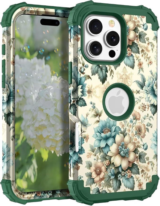 Hocase for iPhone 16 Pro Max Case, Heavy Duty Shockproof Protection Soft Silicone Rubber+Hard Plastic Bumpers Hybrid Protective Case for iPhone 16 Pro Max 2024 - Teal Blue Flowers