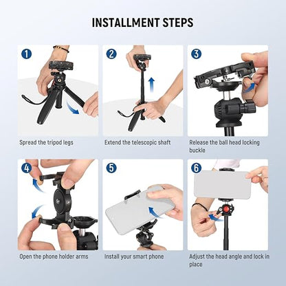 NEEWER TP38 Phone Camera Tripod Selfie Stick with Cell Phone Holder Action Camera Mount Adapter Compatible with iPhone GoPro, Mini Travel Tripod Stand with Cleaning Cloth for Vlogging Video Recording