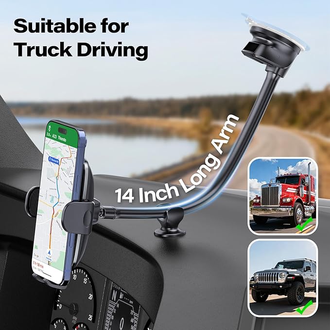 APPS2Car 14'' Gooseneck Car Phone Holder,Heavy Duty Phone Holder for Truck, [Flexibile Long Arm] [Anti Shake stabilizer] Windshield Car Phone Mount Suction Cup,Fit for iPhone, Samsung (Black Plaid)