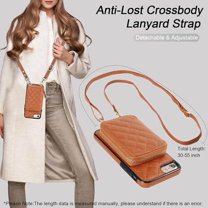 Bocasal Crossbody Wallet Case for iPhone SE 2022/SE 2020/8/7, RFID Blocking PU Leather Zipper Handbag Purse Flip Cover, Kickstand Folio Case with Card Slots Holder Wrist Strap Lanyard 4.7 Inch (Brown)