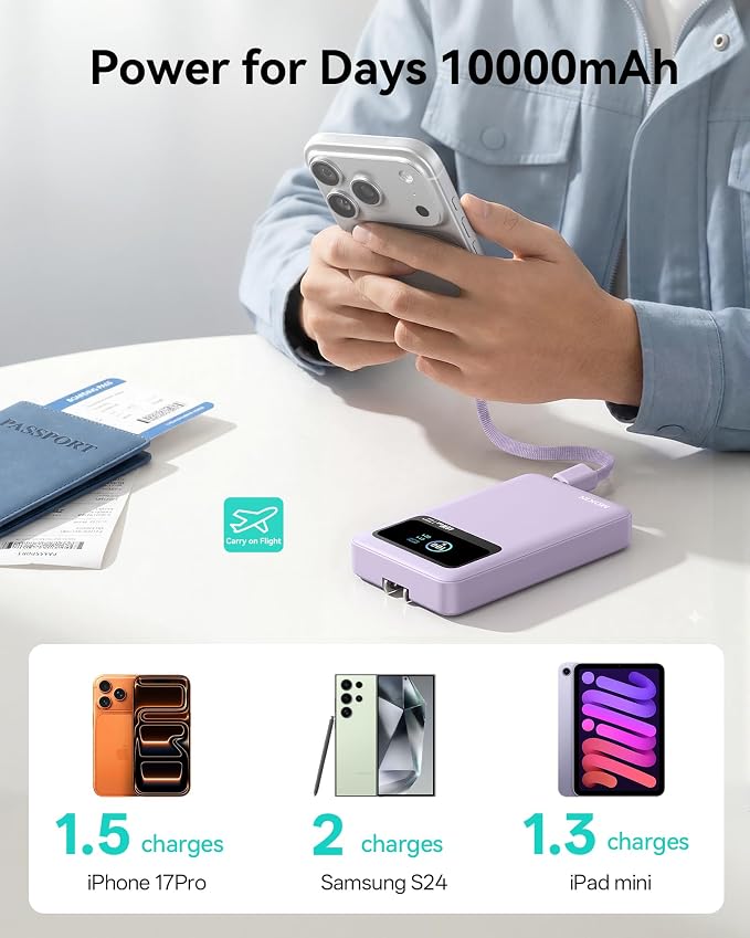 MOKiN 3-in-1 Power Bank,10000mAh 40W Portable Charger with Foldable Plug,Built-in USB-C Cable & LCD Display,Travel Essential Phone Fast Charging Battery Pack,for iPhone 17/16,Samsung etc (Purple)