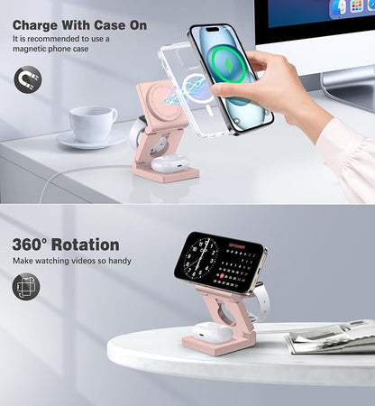 3 in 1 Wireless Charging Station for Apple Multple Devices - Foldable Magnetic Wireless Charger Dock -Travel 18W Charging Pad for iPhone 16 15 14 13 12 Pro/Pro Max/Plus/Watch & Airpods All Series Red