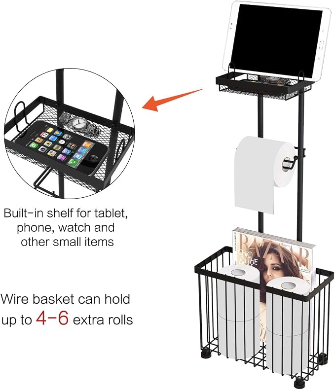 X-cosrack Freestanding Toilet Paper Holder Toilet Tissue Rack Scroll Stand Roll Dispenser with Storage Shelf Reserve for Phone Tablet Magazine Bathroom Organizer Bath Tissue Organizer (Black)