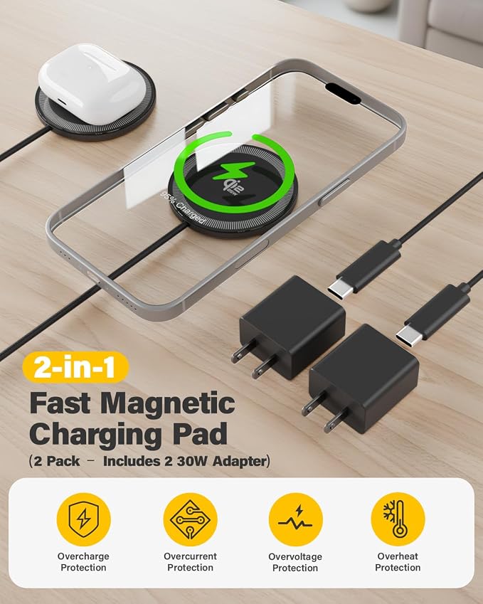 25W Magnetic Wireless Charger, 10FT Fast Charging Pad Qi2.2 Wireless Charge for iPhone 17 16 /AirPods3/2/Pro/for Galaxy S26 Ultra/Pixel 10 Series, Portable Charger for Desk& Travel(2Pack,Black)