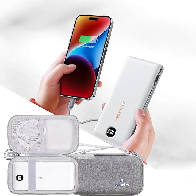 Case for VEEKTOMX Portable Charger with Built in Cables 10000mAh / 20000mAh Power Bank for iPhone with AC Wall Plug - Hard Protective Travel Carrying Storage Bag (Grey)