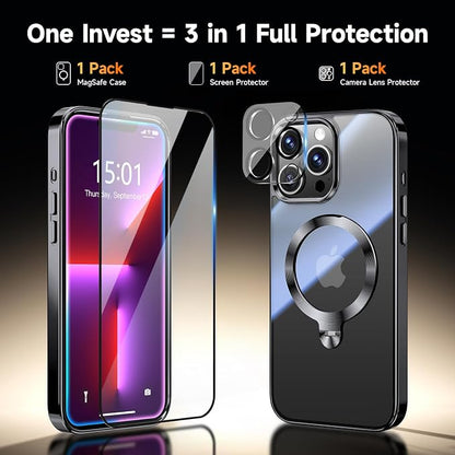 [Tri-Shield Protection] for iPhone 13 Pro Case with 360° Spin Stand Compatible with MagSafe [Magnetic CD Ring] [Screen & Camera Lens Protector] Shockproof Plating Never-Yellowing, Black-6.1"