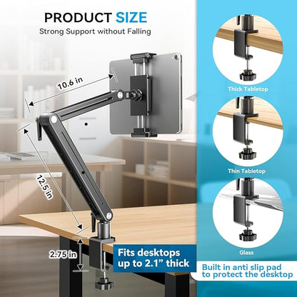 Adjustable Portable Monitor Stand 15.6" - 360° Rotating Base Tall Tablet Desk Arm Holder Stand for iPad Air/Pro/Mini Swivel Flexible Bed Clamp Mount Soporte para Tablet/Monitor Portatil/Ereader